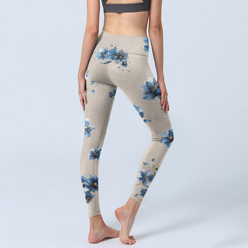 Buddha Stones Dunkelblaue Blumen-Leggings für Damen, Yogahose