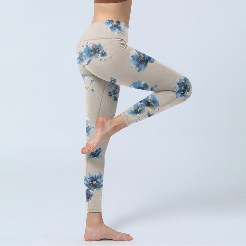 Buddha Stones Dunkelblaue Blumen-Leggings für Damen, Yogahose