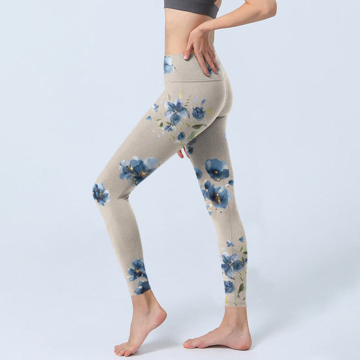 Buddha Stones Dunkelblaue Blumen-Leggings für Damen, Yogahose