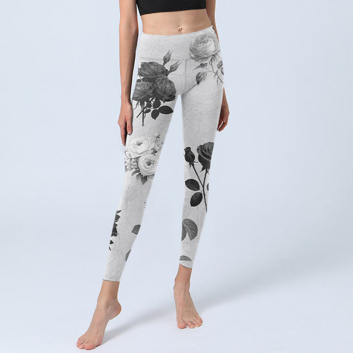 Buddha Stones Schwarz Weiß Rose Gym Leggings Damen Yogahose - image 6