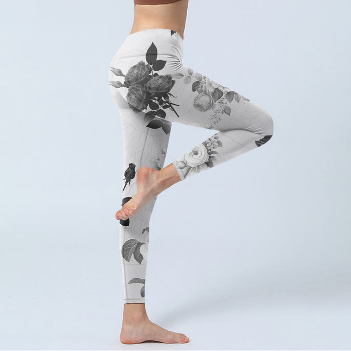 Buddha Stones Schwarz Weiß Rose Gym Leggings Damen Yogahose - image 4