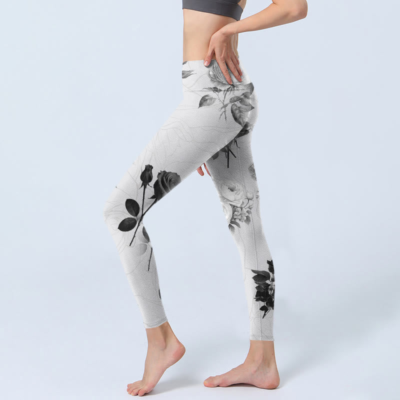 Buddha Stones Schwarz Weiß Rose Gym Leggings Damen Yogahose - image 3