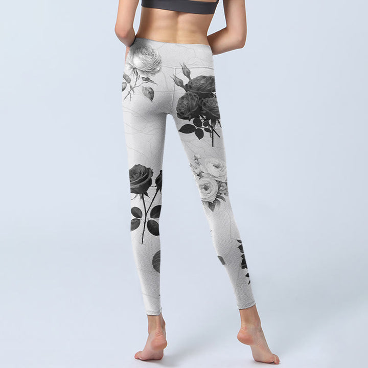 Buddha Stones Schwarz Weiß Rose Gym Leggings Damen Yogahose - image 7