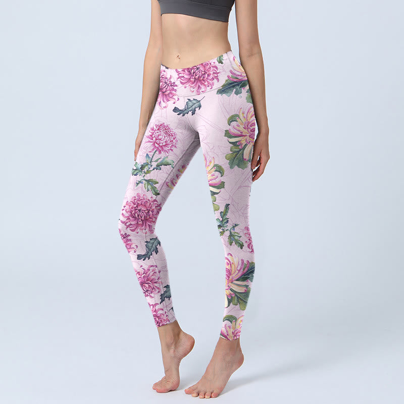 Buddha Stones Rosa Chrysantheme Gym Leggings Damen Yogahose - Pflaume - US18， UK/AU22，EU50 (4XL) - image 1