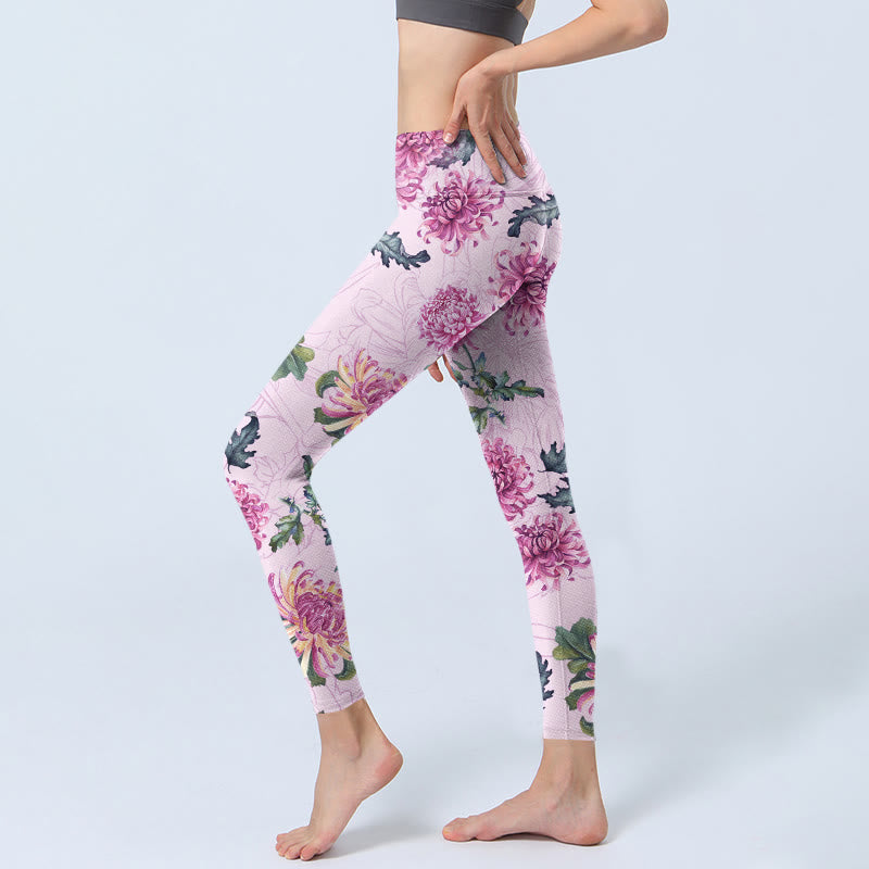 Buddha Stones Rosa Chrysantheme Gym Leggings Damen Yogahose