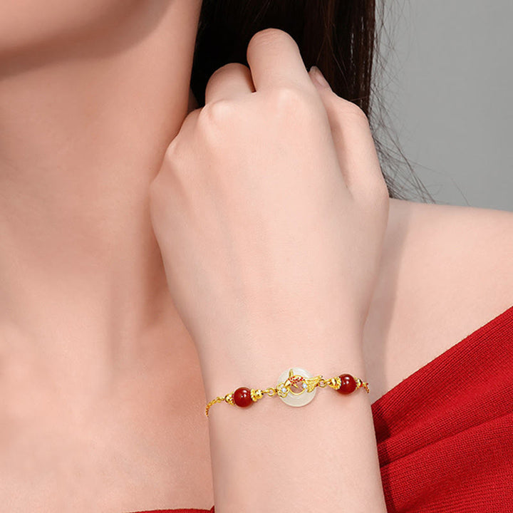 Buddha Stones Armband aus natürlichem Hetian-Jade, 925er Sterlingsilber, vergoldet mit roten Achatperlen, Koi-Fisch, Peace-Schnalle, Glücksarmband - image 3