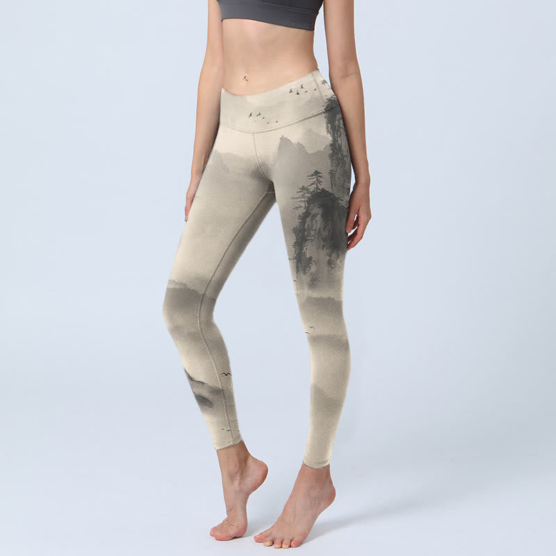 Buddha Stones ​​Berge in Nebel gehüllt Wild Goose Gym Leggings Damen Yoga Hose - Blassgoldenrode - US18, UK/AU22, EU50 (4XL) - image 0