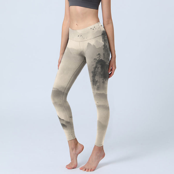 Buddha Stones ​​Berge in Nebel gehüllt Wild Goose Gym Leggings Damen Yoga Hose - Blasse Goldrute - US18， UK/AU22，EU50 (4XL) - image 1