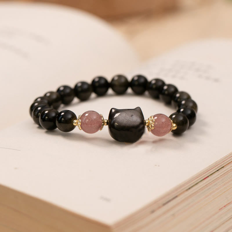 Buddha Stones Schwarze Obsidian Erdbeerquarz Perlen Silber Glanz Obsidian Katzenkopf Stärke Armband - image 2