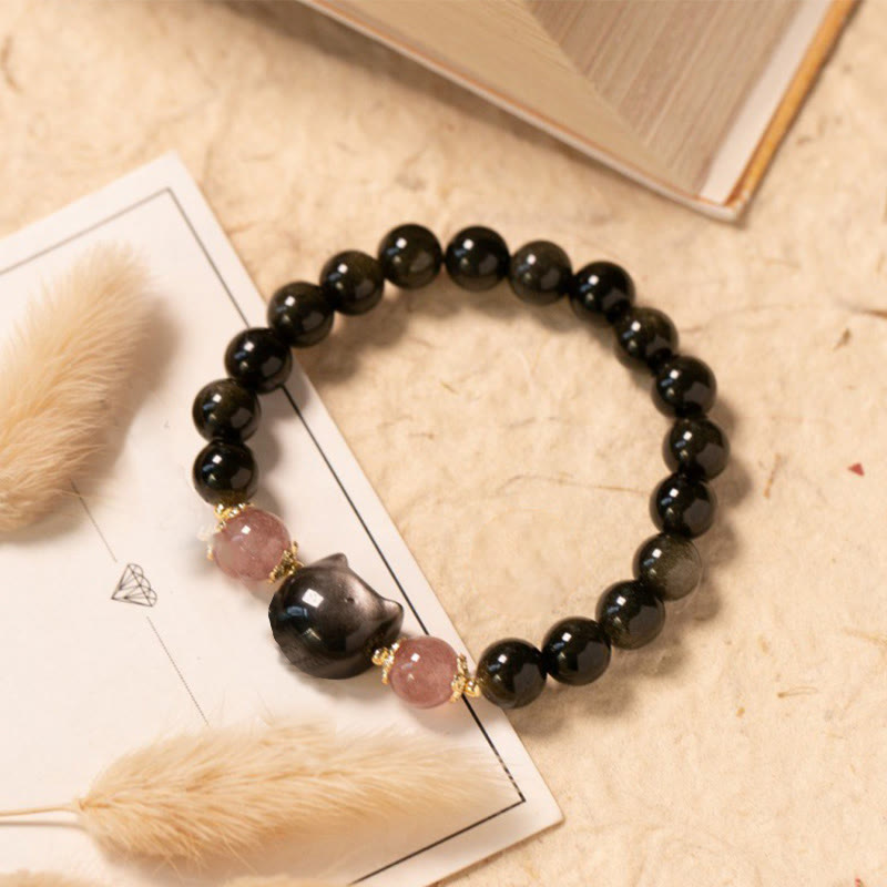 Buddha Stones Schwarze Obsidian Erdbeerquarz Perlen Silber Glanz Obsidian Katzenkopf Stärke Armband - Schwarzer Obsidian (Handgelenkumfang: 15–17 cm) - image 1