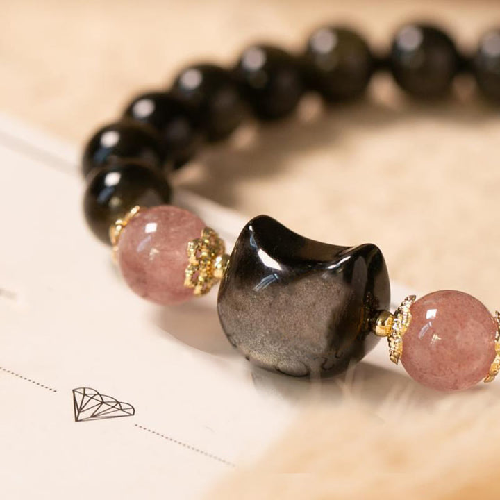 Buddha Stones Schwarze Obsidian Erdbeerquarz Perlen Silber Glanz Obsidian Katzenkopf Stärke Armband - image 3
