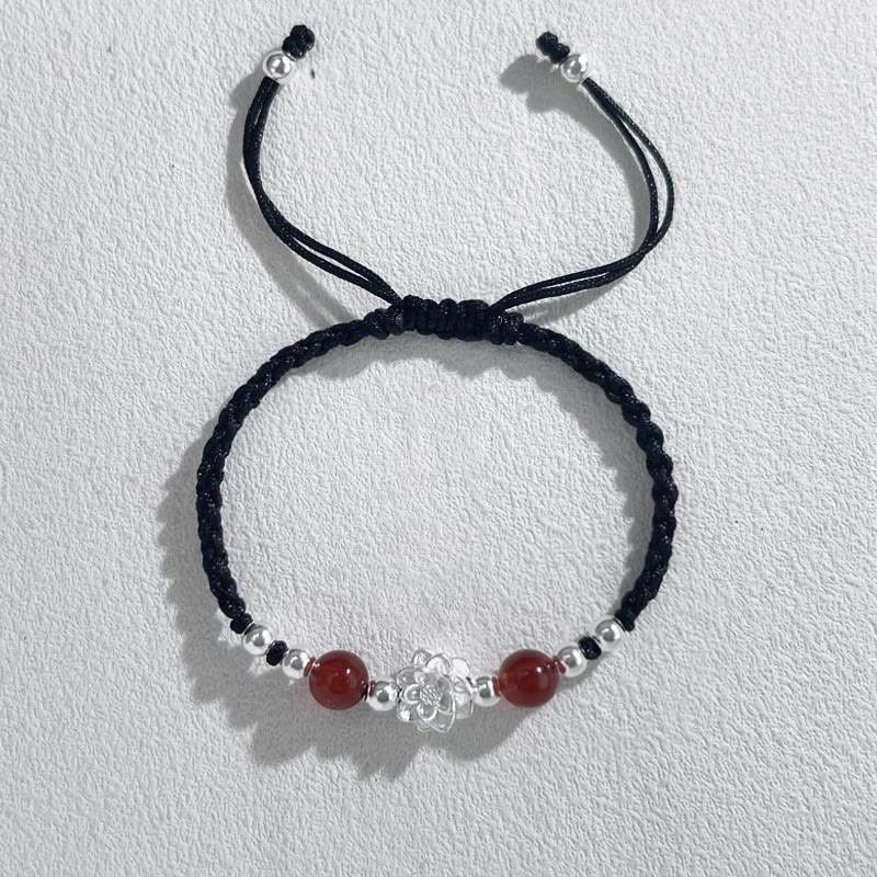 Buddha Stones 999 Sterling Silber Lotus Design Katzenauge Perlen Schutz String Armband - Lotusrote Perle Schwarz (Handgelenkumfang 15-18 cm) - image 8