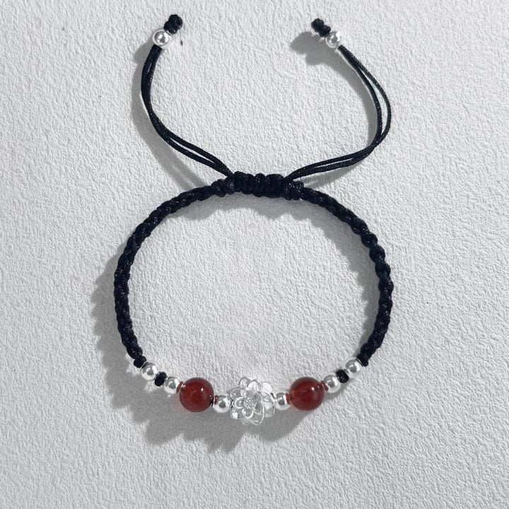 Buddha Stones 999 Sterling Silber Lotus Design Katzenauge Perlen Schutz String Armband - Lotusrote Perle Schwarz (Handgelenkumfang 15-18 cm) - image 8