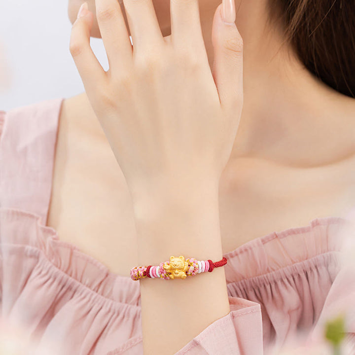 Buddha Stones Handgemachtes 999 Sterling Silber Glückskatze Barren Pfirsichblüte Glück Rotes Seil Armband - image 9