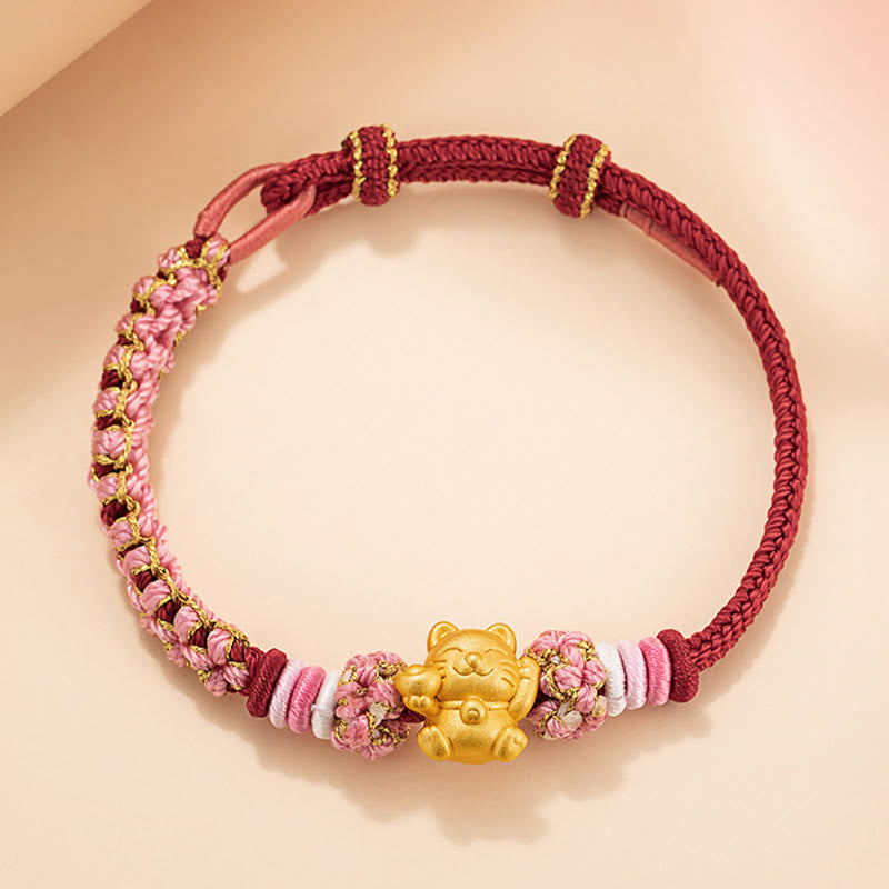 Buddha Stones Handgemachtes 999 Sterling Silber Glückskatze Barren Pfirsichblüte Glück Rotes Seil Armband - image 1