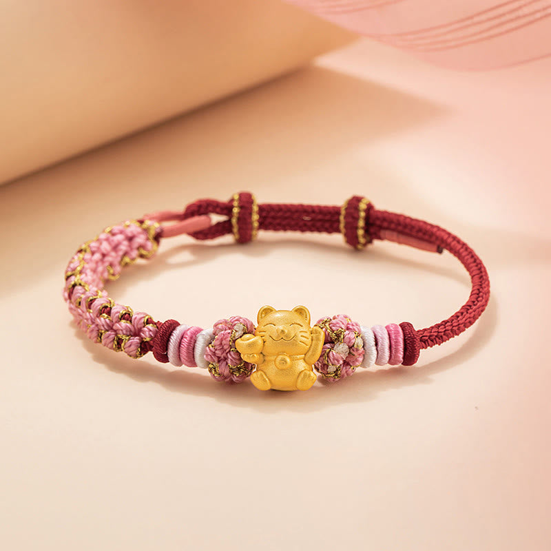 Buddha Stones Handgemachtes 999 Sterling Silber Glückskatze Barren Pfirsichblüte Glück Rotes Seil Armband - Rotes Seil (Handgelenkumfang 14–19 cm) - image 1