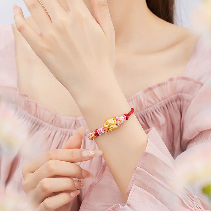 Buddha Stones Handgemachtes 999 Sterling Silber Glückskatze Barren Pfirsichblüte Glück Rotes Seil Armband - image 4