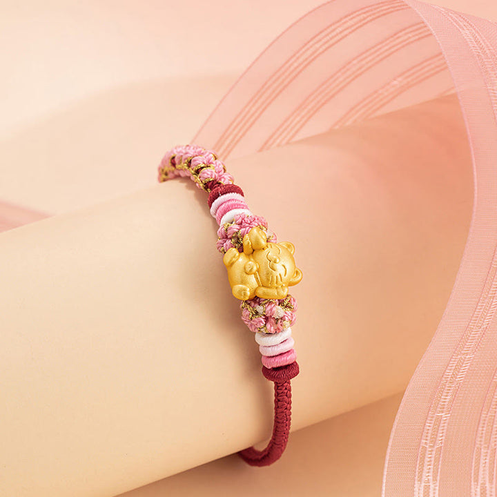 Buddha Stones Handgemachtes 999 Sterling Silber Glückskatze Barren Pfirsichblüte Glück Rotes Seil Armband - image 3