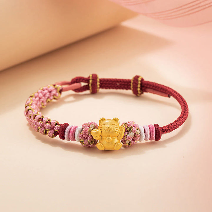 Buddha Stones Handgemachtes 999 Sterling Silber Glückskatze Barren Pfirsichblüte Glück Rotes Seil Armband - Rotes Seil (Handgelenkumfang 14-19 cm) - image 0