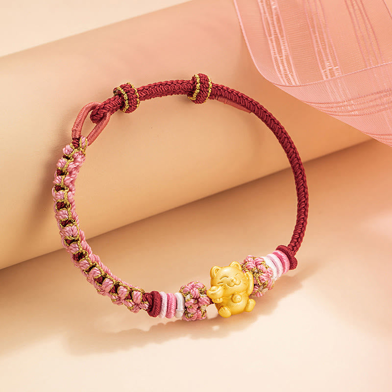 Buddha Stones Handgemachtes 999 Sterling Silber Glückskatze Barren Pfirsichblüte Glück Rotes Seil Armband - image 2