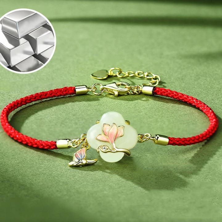 Buddha Stones 925 Sterling Silber Hetian Jade Magnolienblüte Schmetterling Glückskettenarmband - image 3