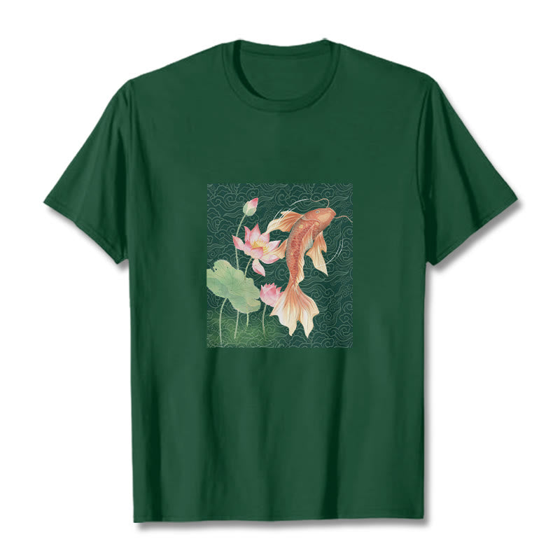 Buddha Stones Koi-Fisch-Lotus-Kombinations-Baumwoll-T-Shirt - Waldgrün - 2XL - image 9
