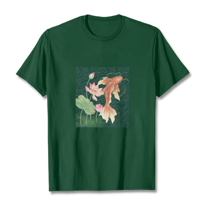 Buddha Stones Koi-Fisch-Lotus-Kombinations-Baumwoll-T-Shirt - Waldgrün - 2XL - image 9