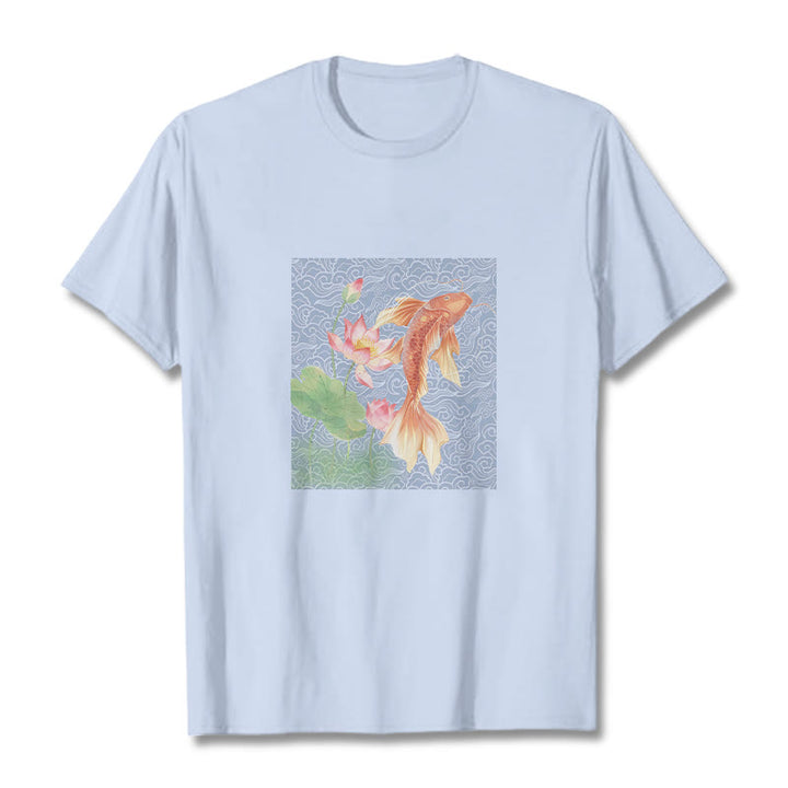 Buddha Stones Koi-Fisch-Lotus-Kombinations-Baumwoll-T-Shirt - Hellcyan - 2XL - image 0