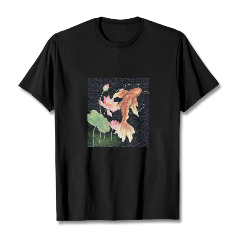 Buddha Stones Koi-Fisch-Lotus-Kombinations-Baumwoll-T-Shirt - Schwarz - 2XL - image 5