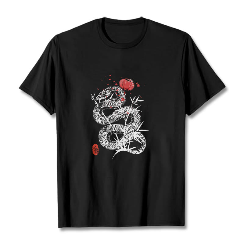 Buddha Stones T-Shirt aus Baumwolle mit Laternenmotiv, Bambusblättern und Schlangenmuster - Schwarz - 2XL - image 0