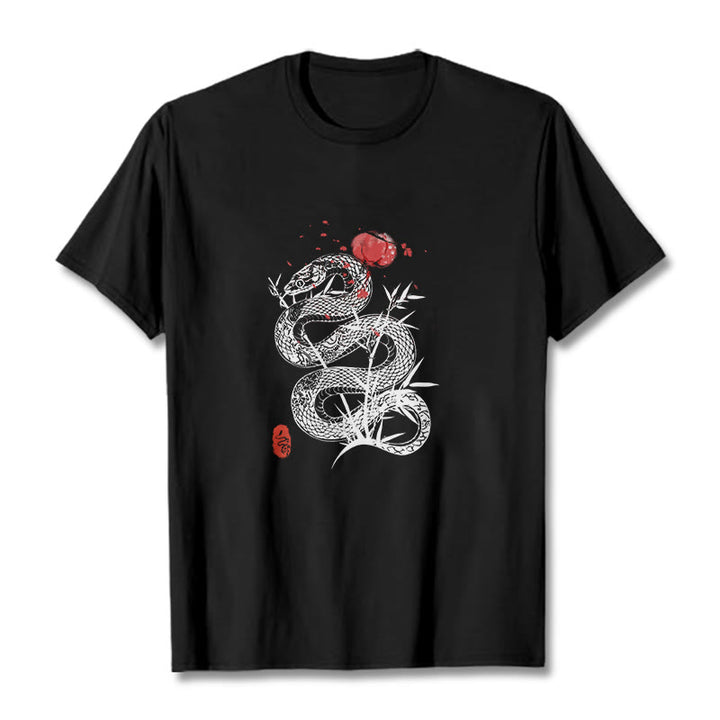 Buddha Stones T-Shirt aus Baumwolle mit Laternenmotiv, Bambusblättern und Schlangenmuster - Schwarz - 2XL - image 0