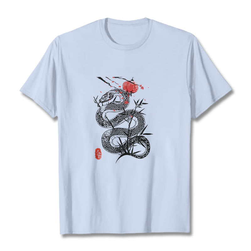Buddha Stones T-Shirt aus Baumwolle mit Laternenmotiv, Bambusblättern und Schlangenmuster - Hellcyan - 2XL - image 5
