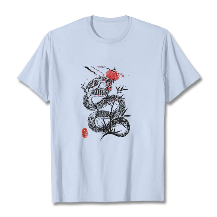 Buddha Stones T-Shirt aus Baumwolle mit Laternenmotiv, Bambusblättern und Schlangenmuster - Hellcyan - 2XL - image 5