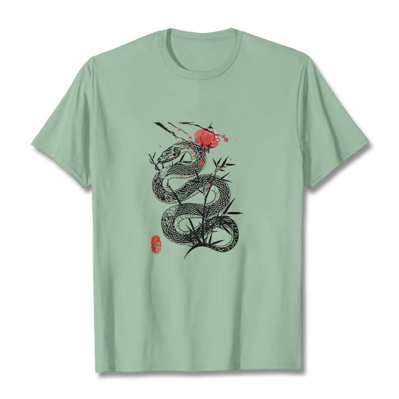 Buddha Stones T-Shirt aus Baumwolle mit Laternenmotiv, Bambusblättern und Schlangenmuster - Hellgrün - 2XL - image 14