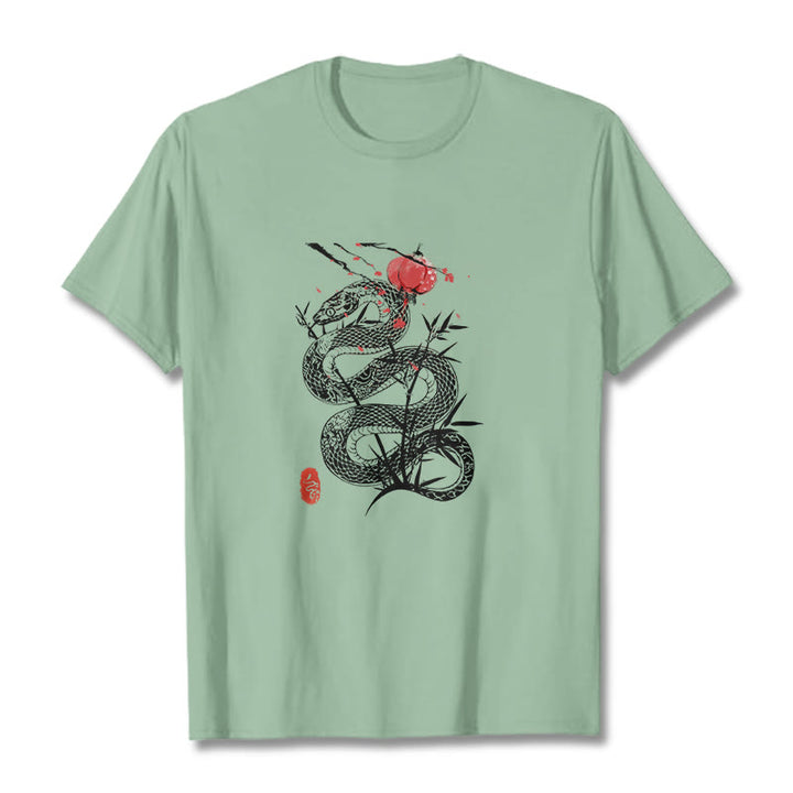 Buddha Stones T-Shirt aus Baumwolle mit Laternenmotiv, Bambusblättern und Schlangenmuster - Hellgrün - 2XL - image 14