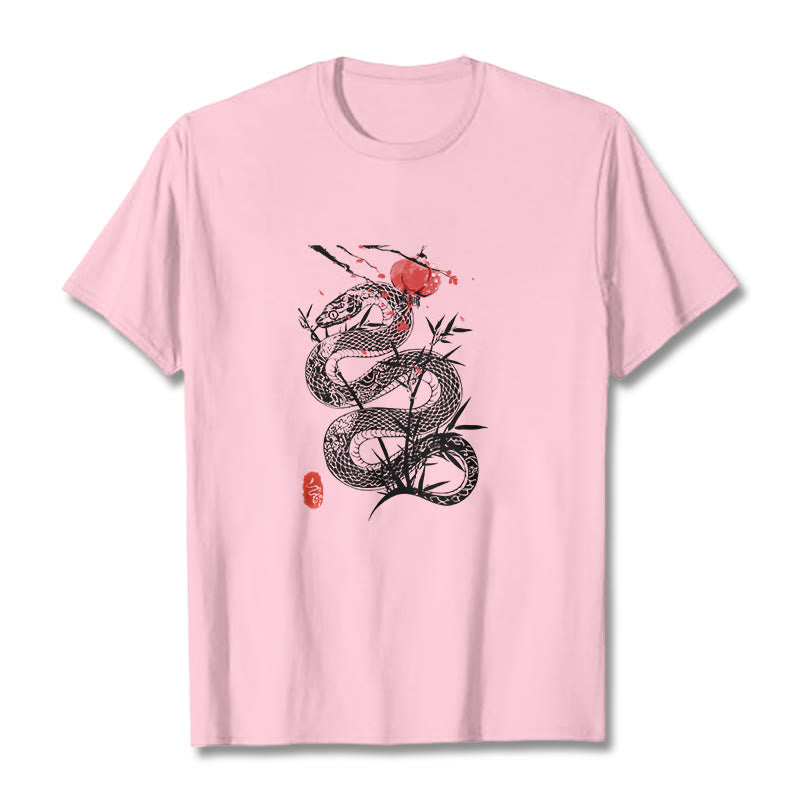 Buddha Stones T-Shirt aus Baumwolle mit Laternenmotiv, Bambusblättern und Schlangenmuster - Hellrosa - 2XL - image 18