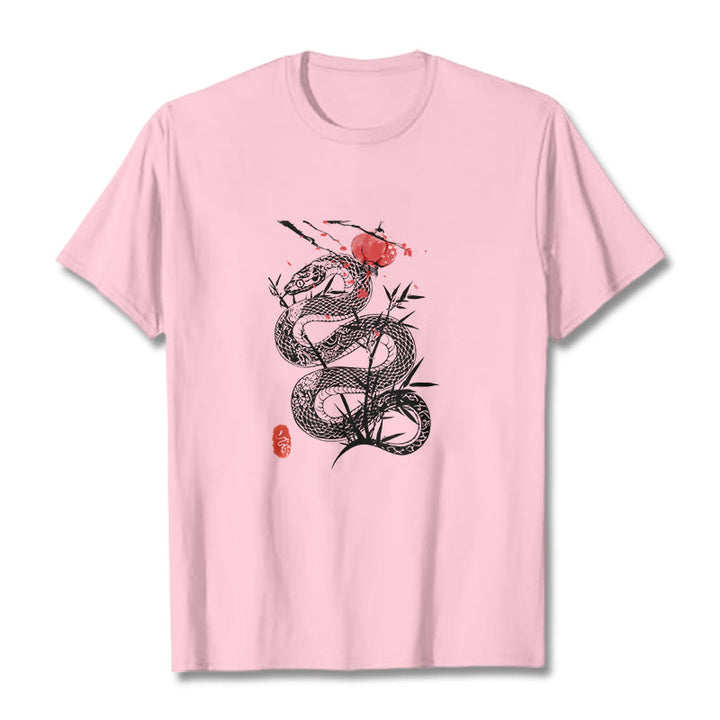 Buddha Stones T-Shirt aus Baumwolle mit Laternenmotiv, Bambusblättern und Schlangenmuster - Hellrosa - 2XL - image 18