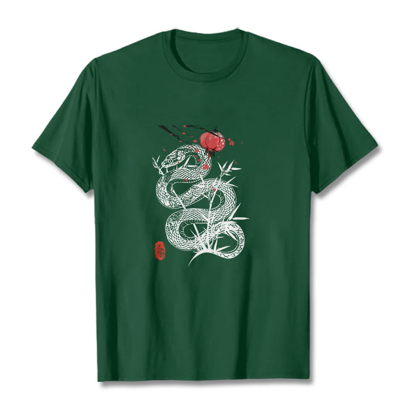 Buddha Stones T-Shirt aus Baumwolle mit Laternenmotiv, Bambusblättern und Schlangenmuster - Waldgrün - 2XL - image 9