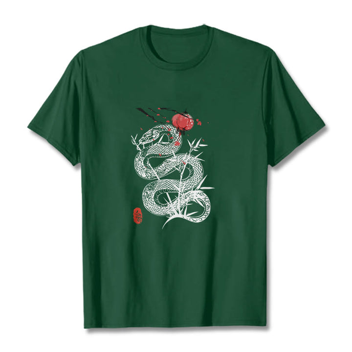 Buddha Stones T-Shirt aus Baumwolle mit Laternenmotiv, Bambusblättern und Schlangenmuster - Waldgrün - 2XL - image 9