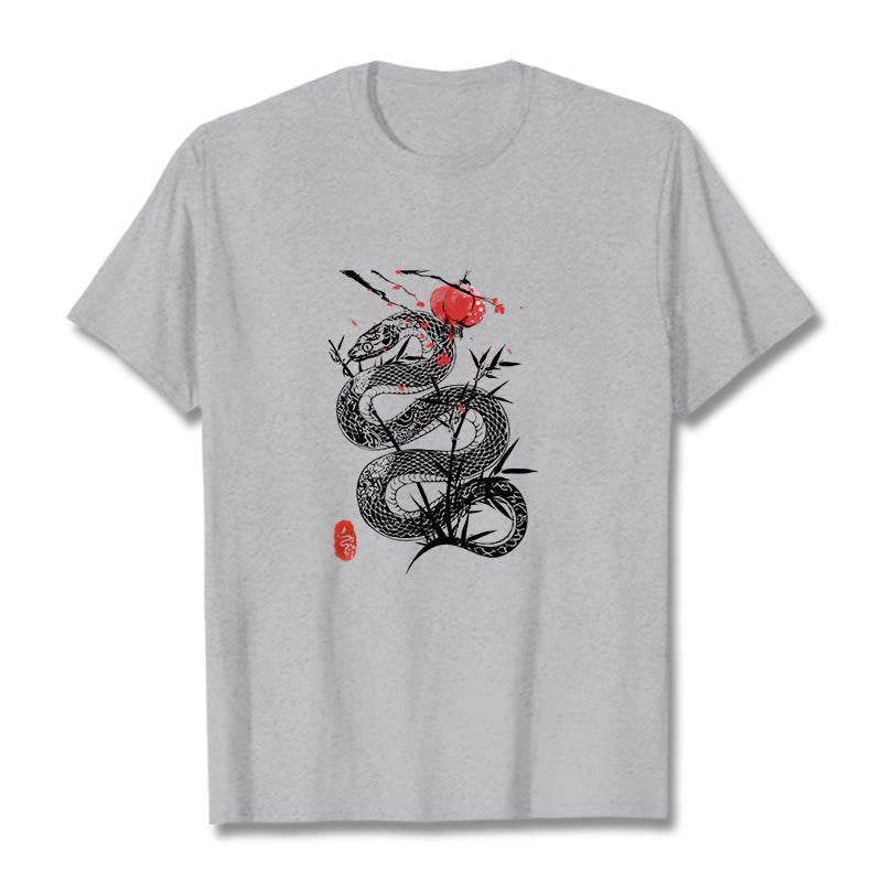 Buddha Stones T-Shirt aus Baumwolle mit Laternenmotiv, Bambusblättern und Schlangenmuster - Hellgrau - 2XL - image 11
