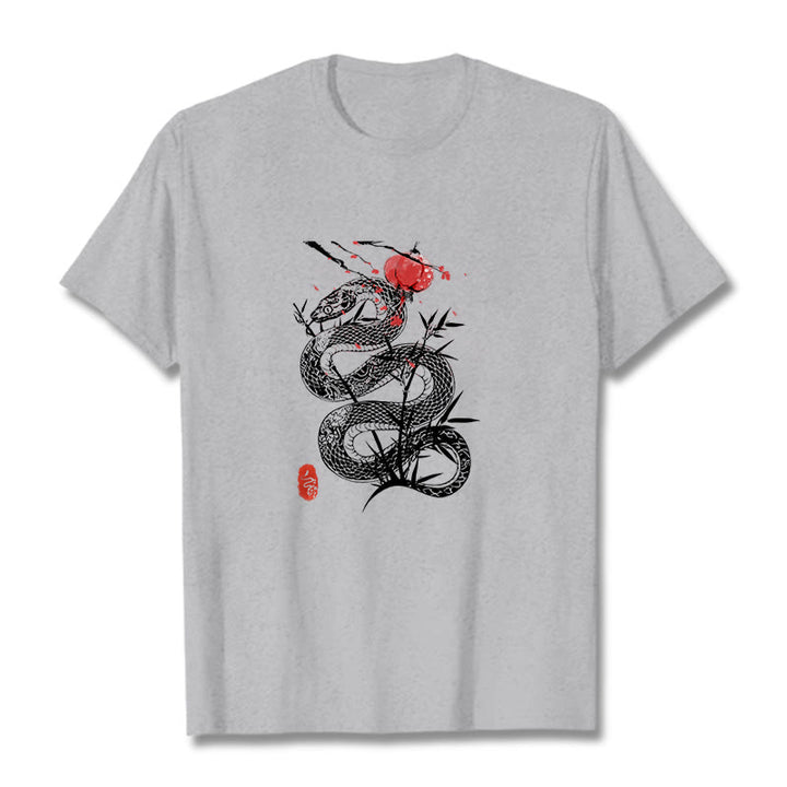 Buddha Stones T-Shirt aus Baumwolle mit Laternenmotiv, Bambusblättern und Schlangenmuster - Hellgrau - 2XL - image 11
