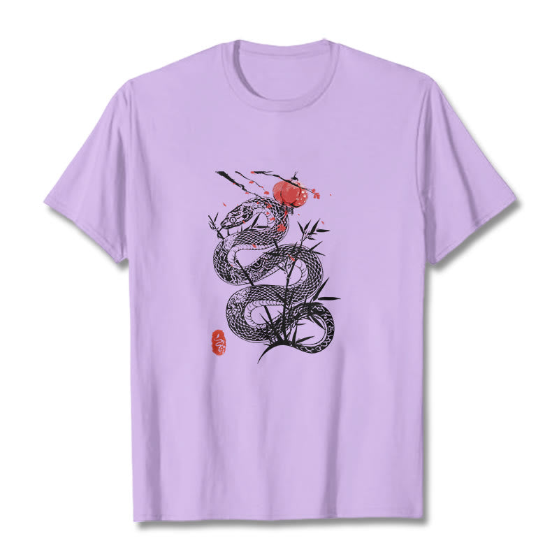 Buddha Stones T-Shirt aus Baumwolle mit Laternenmotiv, Bambusblättern und Schlangenmuster - Pflaume - 2XL - image 16