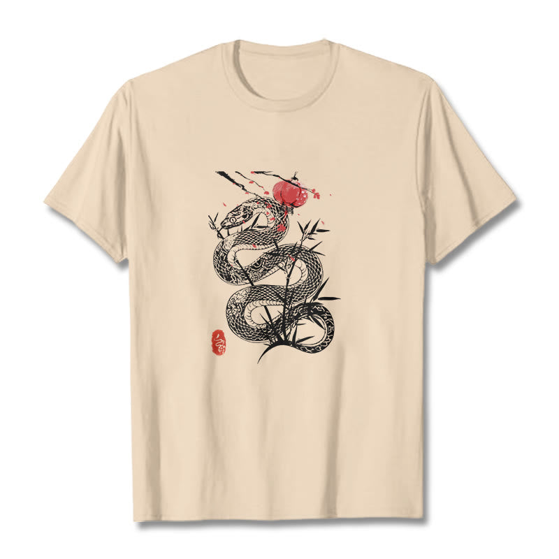 Buddha Stones T-Shirt aus Baumwolle mit Laternenmotiv, Bambusblättern und Schlangenmuster - Biskuit - 2XL - image 12