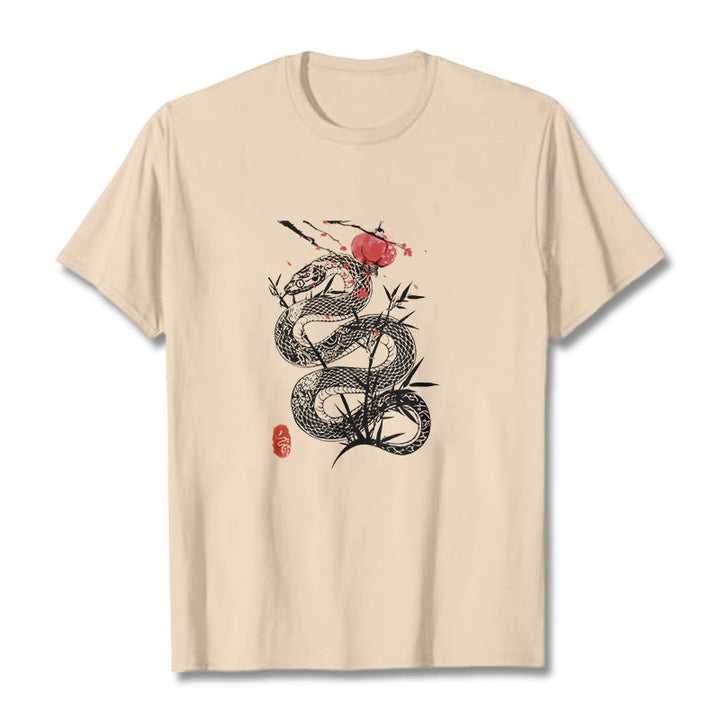 Buddha Stones T-Shirt aus Baumwolle mit Laternenmotiv, Bambusblättern und Schlangenmuster - Biskuit - 2XL - image 12