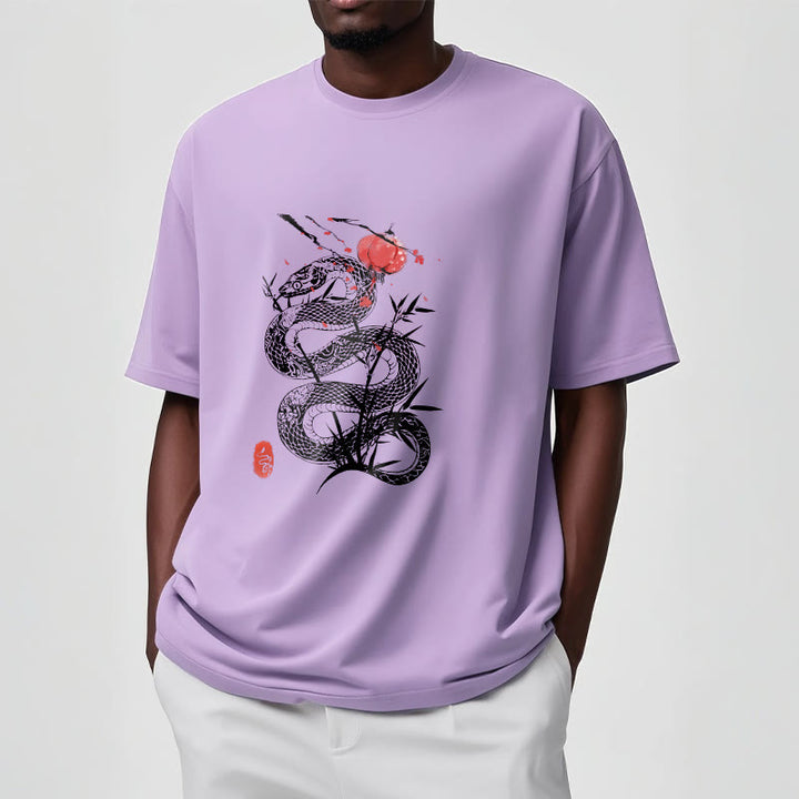 Buddha Stones T-Shirt aus Baumwolle mit Laternenmotiv, Bambusblättern und Schlangenmuster - image 17
