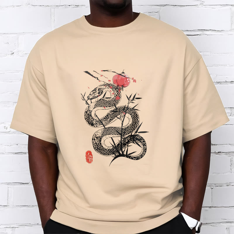 Buddha Stones T-Shirt aus Baumwolle mit Laternenmotiv, Bambusblättern und Schlangenmuster - image 13
