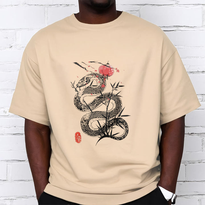 Buddha Stones T-Shirt aus Baumwolle mit Laternenmotiv, Bambusblättern und Schlangenmuster - image 13