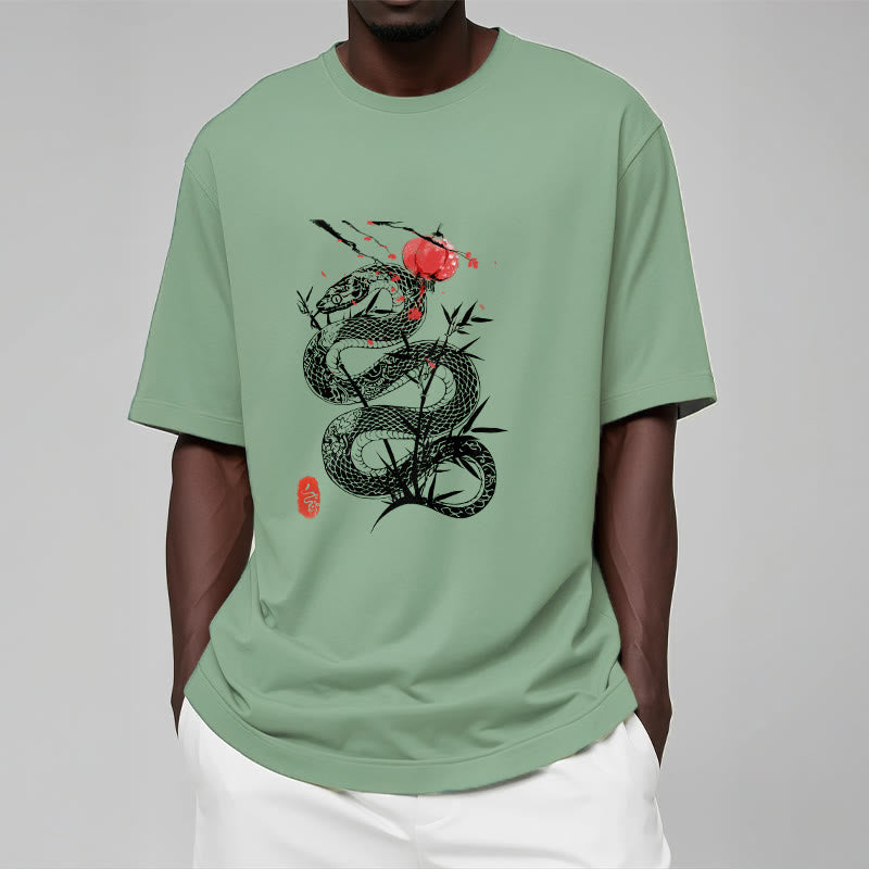 Buddha Stones T-Shirt aus Baumwolle mit Laternenmotiv, Bambusblättern und Schlangenmuster - image 15