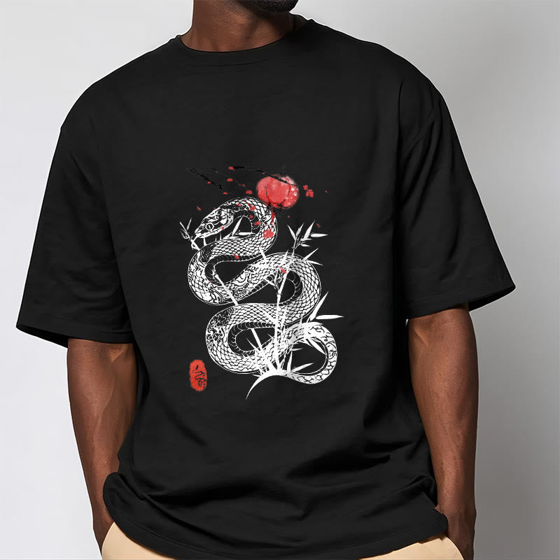 Buddha Stones T-Shirt aus Baumwolle mit Laternenmotiv, Bambusblättern und Schlangenmuster - image 2