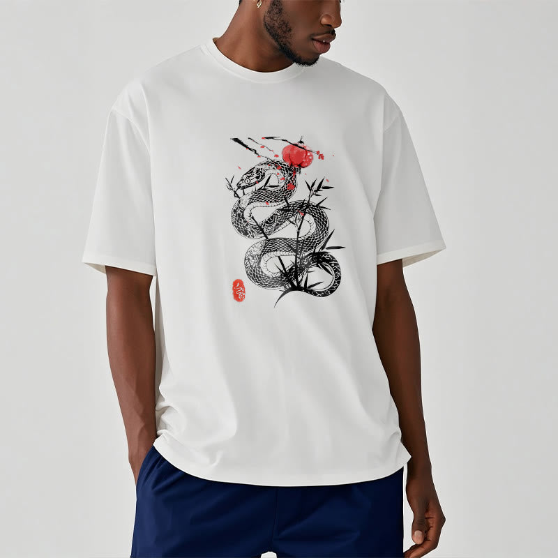 Buddha Stones T-Shirt aus Baumwolle mit Laternenmotiv, Bambusblättern und Schlangenmuster - Weiß - 2XL - image 7